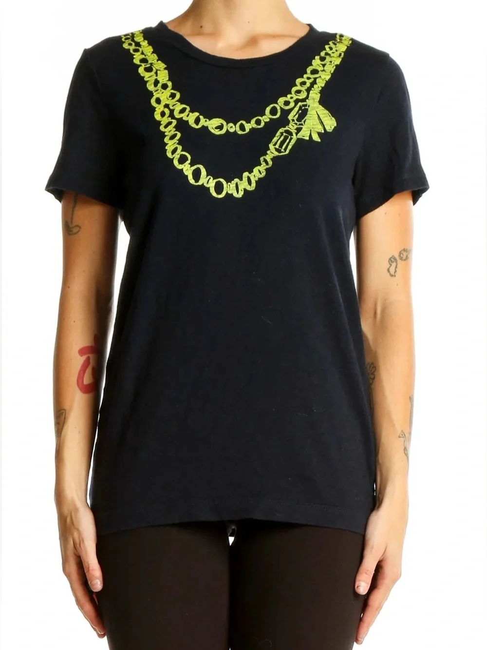 J. Crew Navy Blue Graphic Chain Necklace T-Shirt Size Small | Short Sleeve Tee